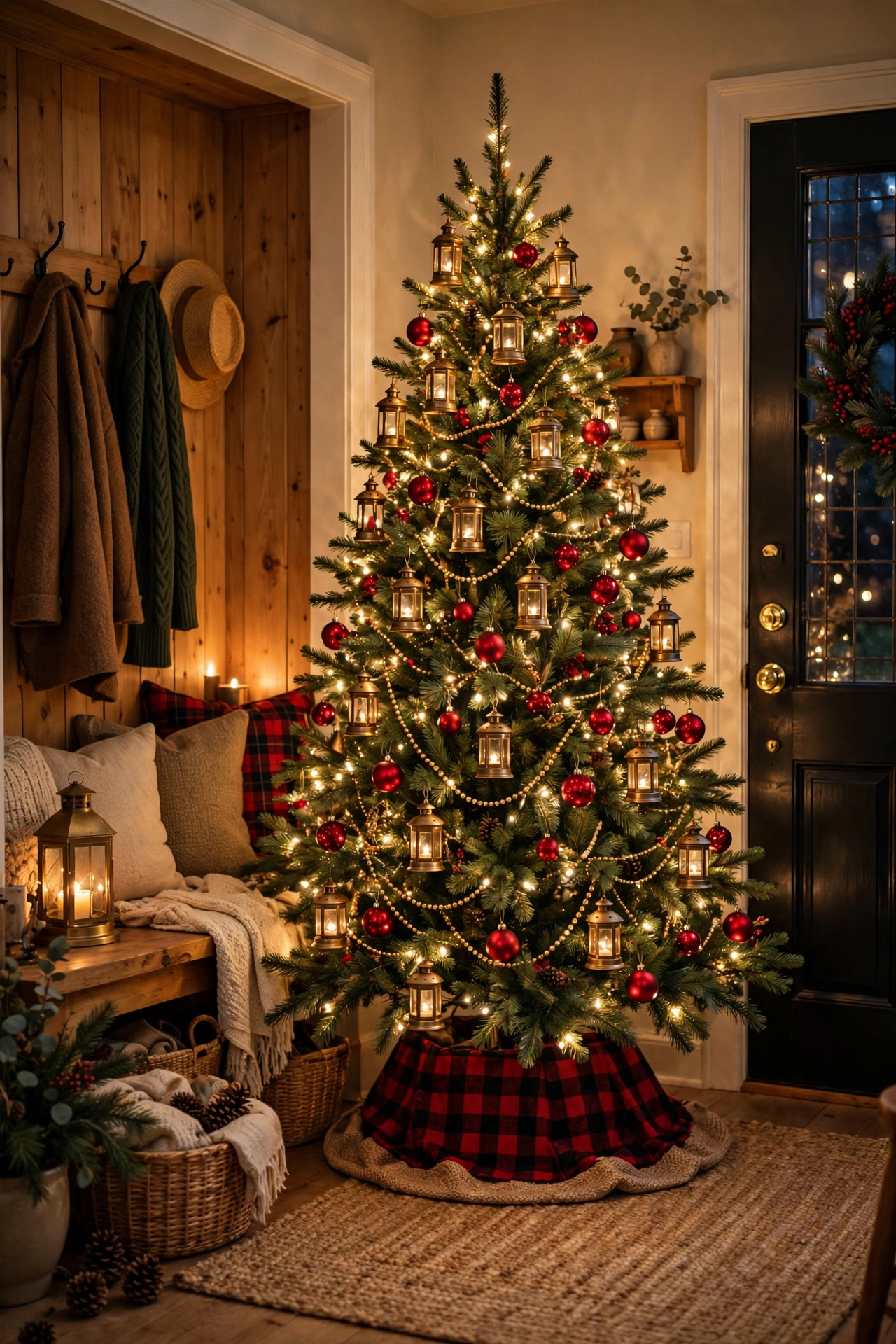 Red and gold Christmas tree with lanterns
