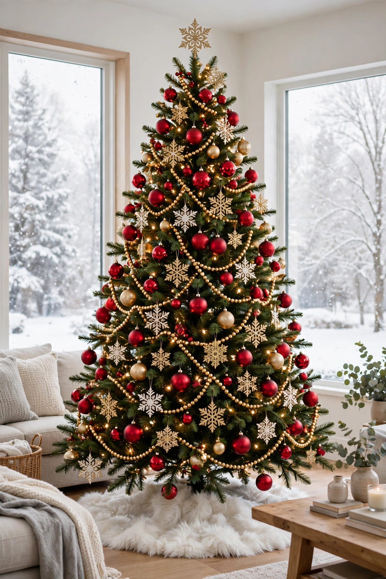 Red and gold Christmas tree with snowflakes