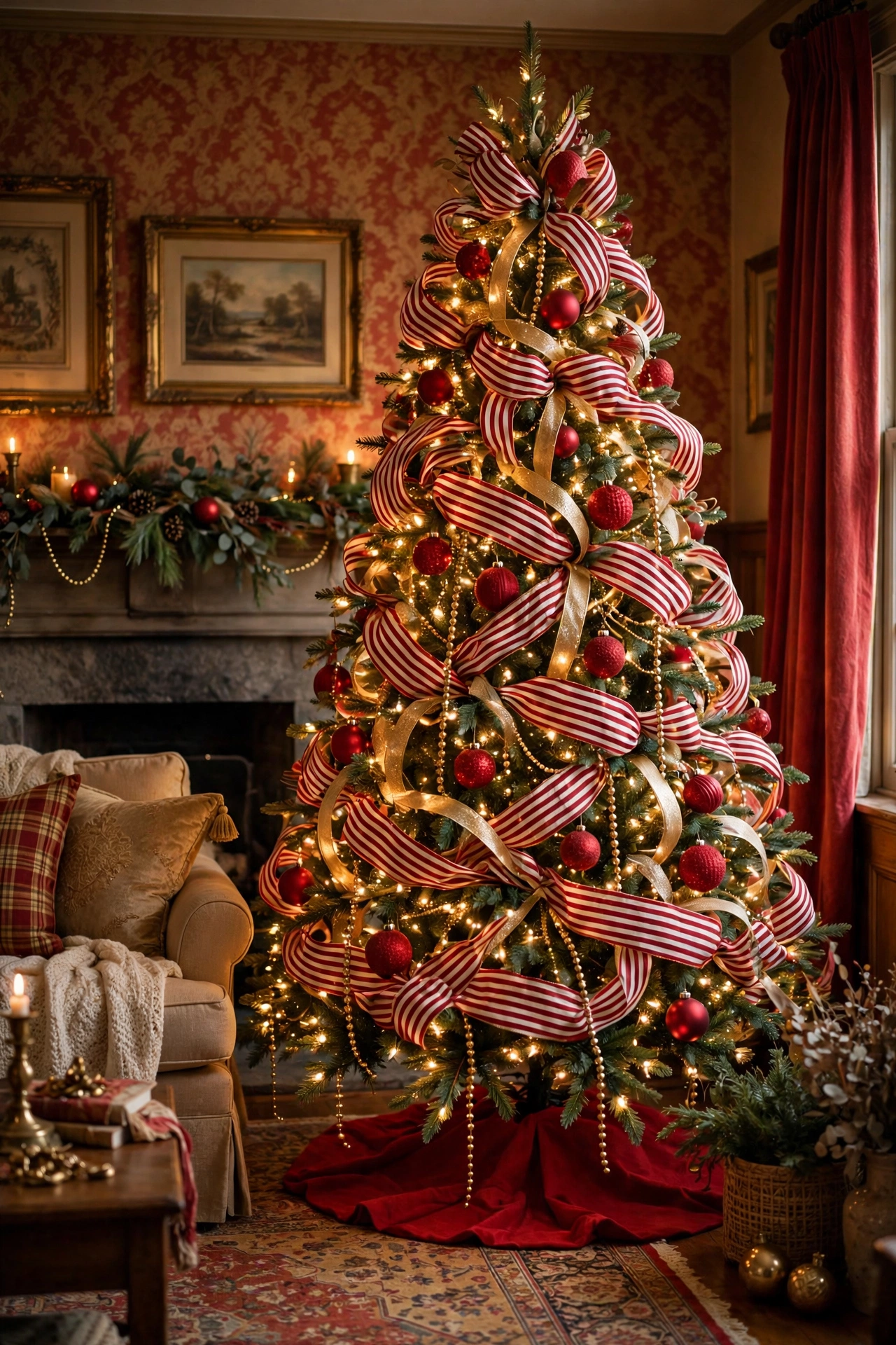 Red and gold Christmas tree with striped ribbon layers