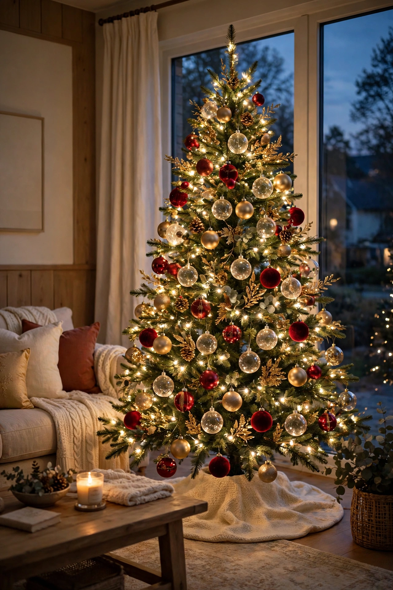 Red and gold Christmas tree with warm white glow