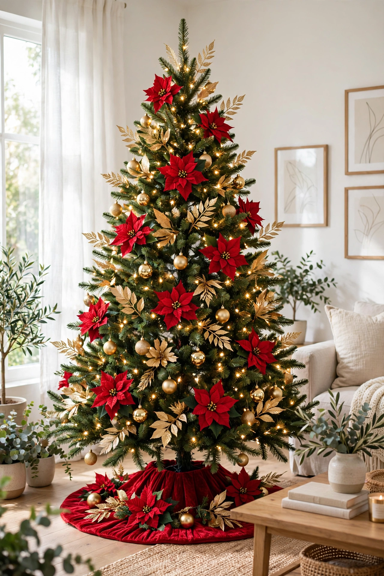 Red poinsettia and gold leaf Christmas tree