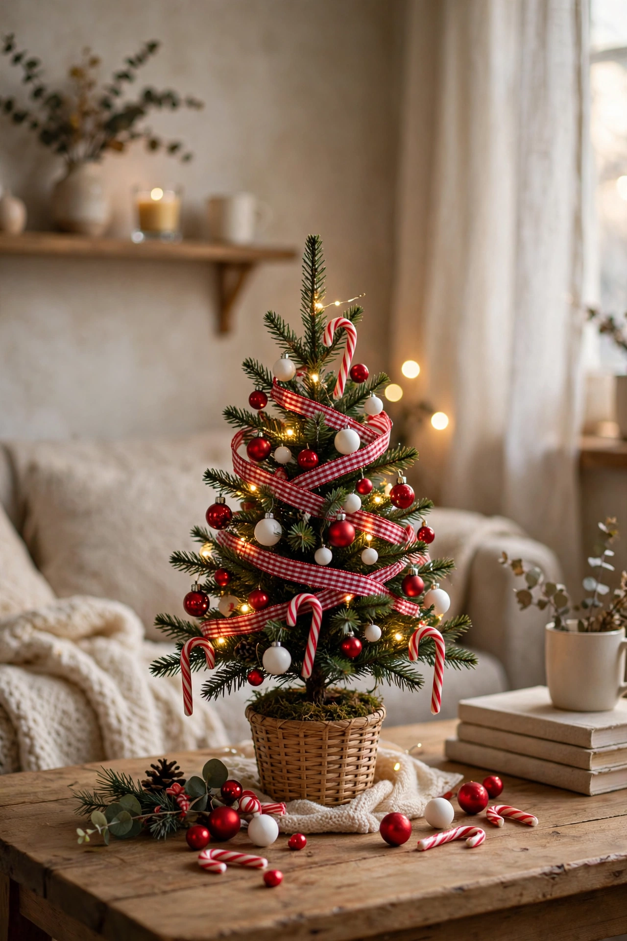 Red and white candy mini Christmas tree for tiny spaces