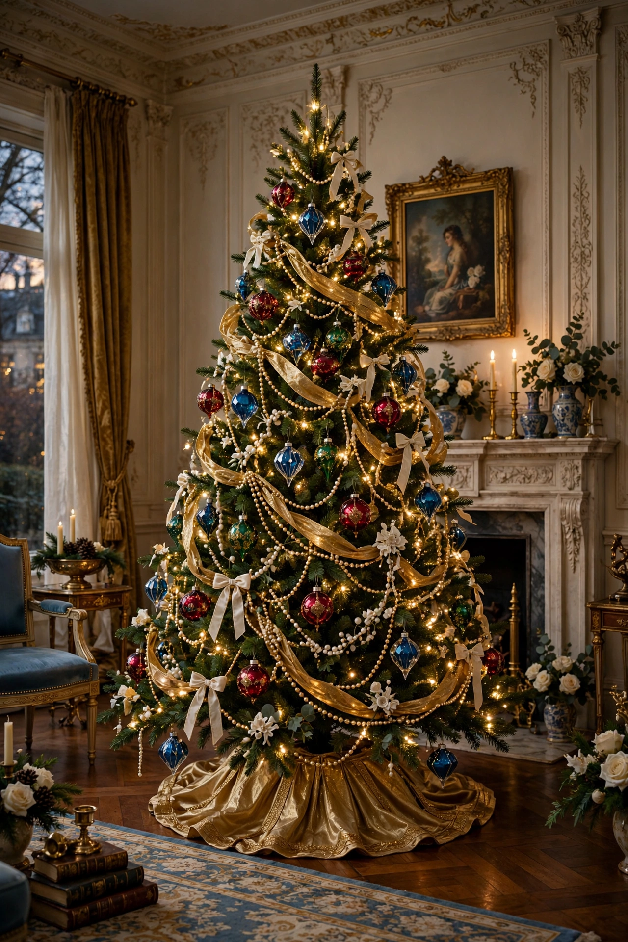 Regency-inspired jewel and gold Christmas tree with rich ornaments