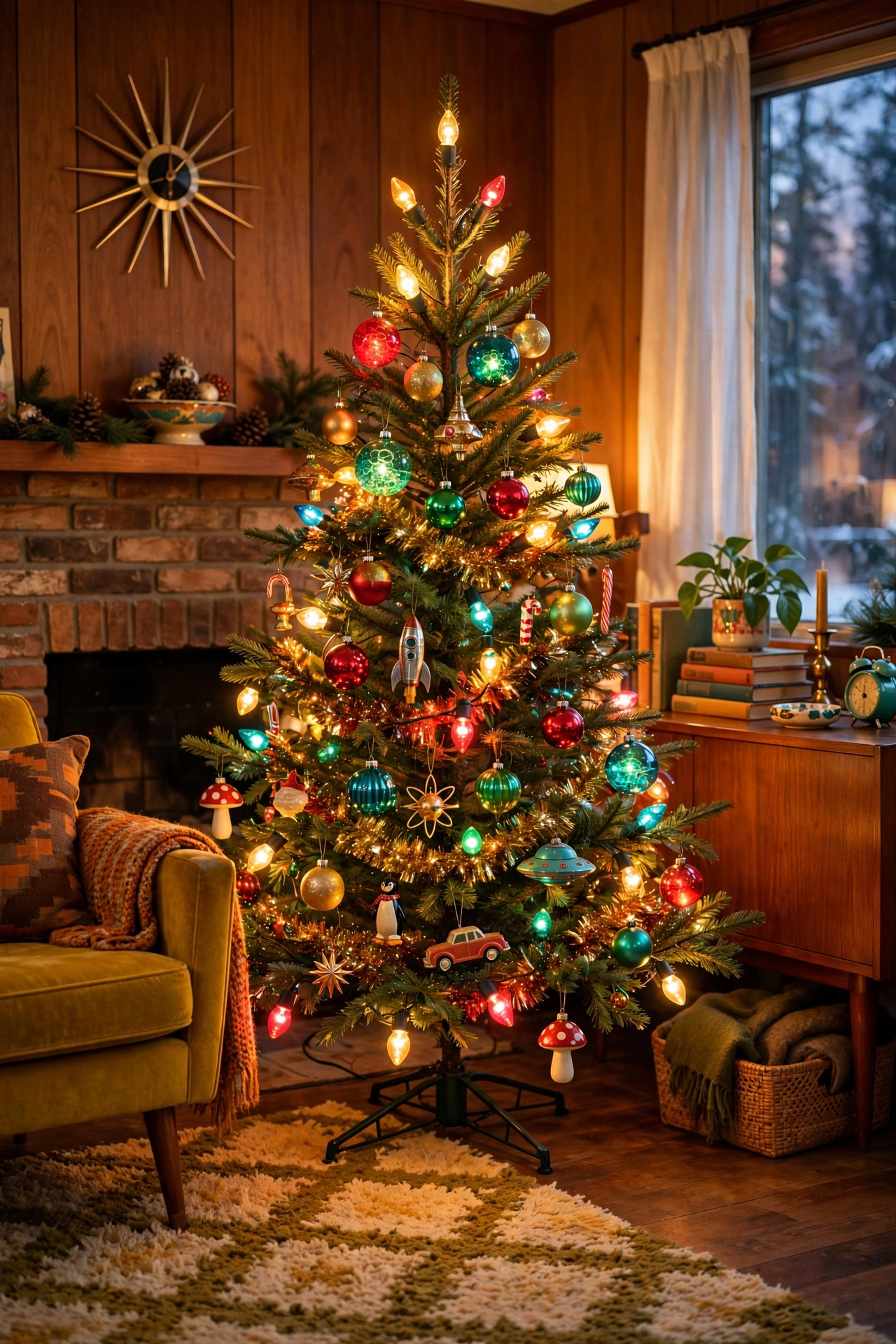 Retro bubble lights and bright baubles on a vintage Christmas tree