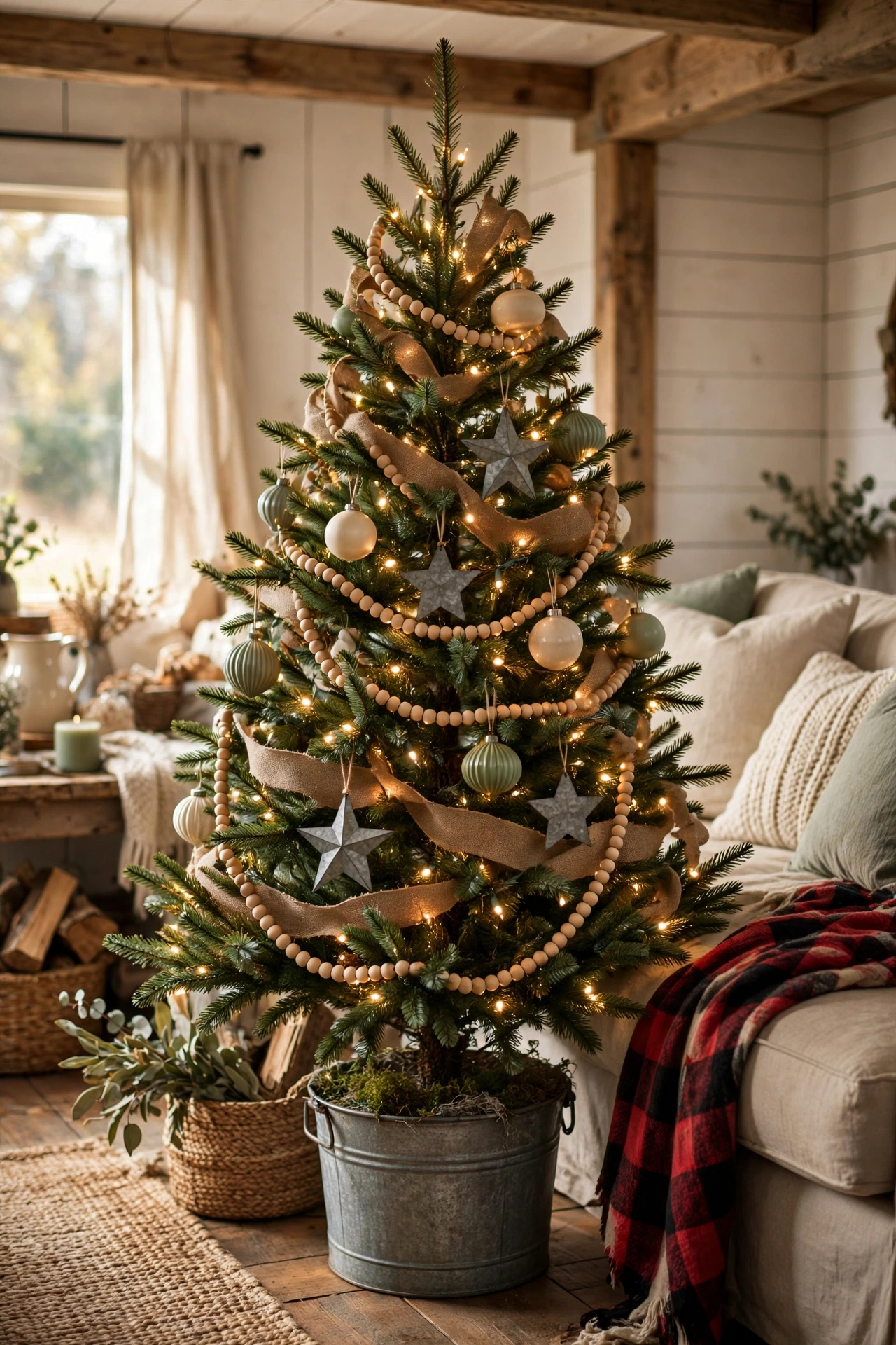 Rustic farmhouse Christmas tree with burlap ribbon and wooden ornaments