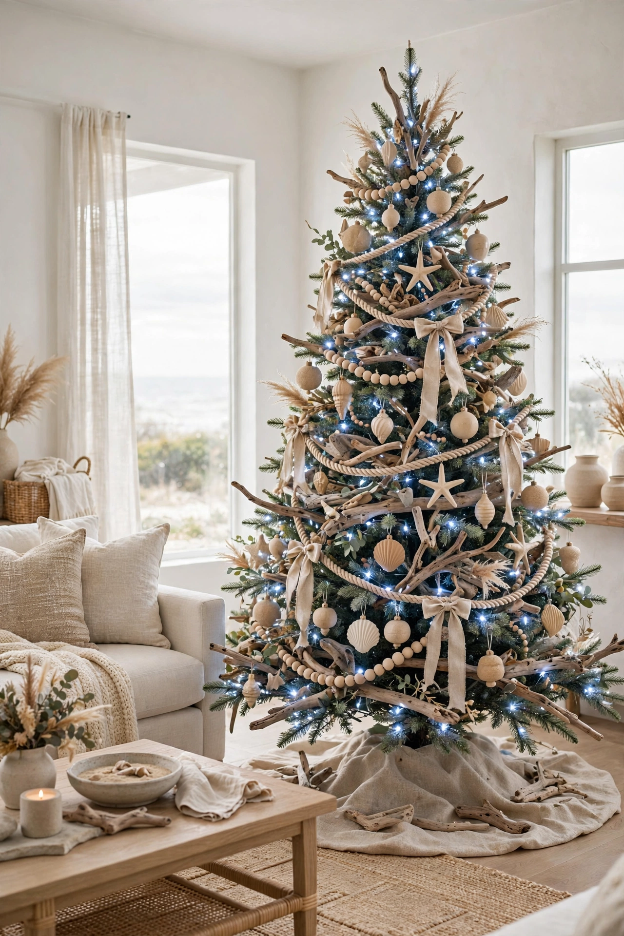 Sand and driftwood coastal neutral Christmas tree