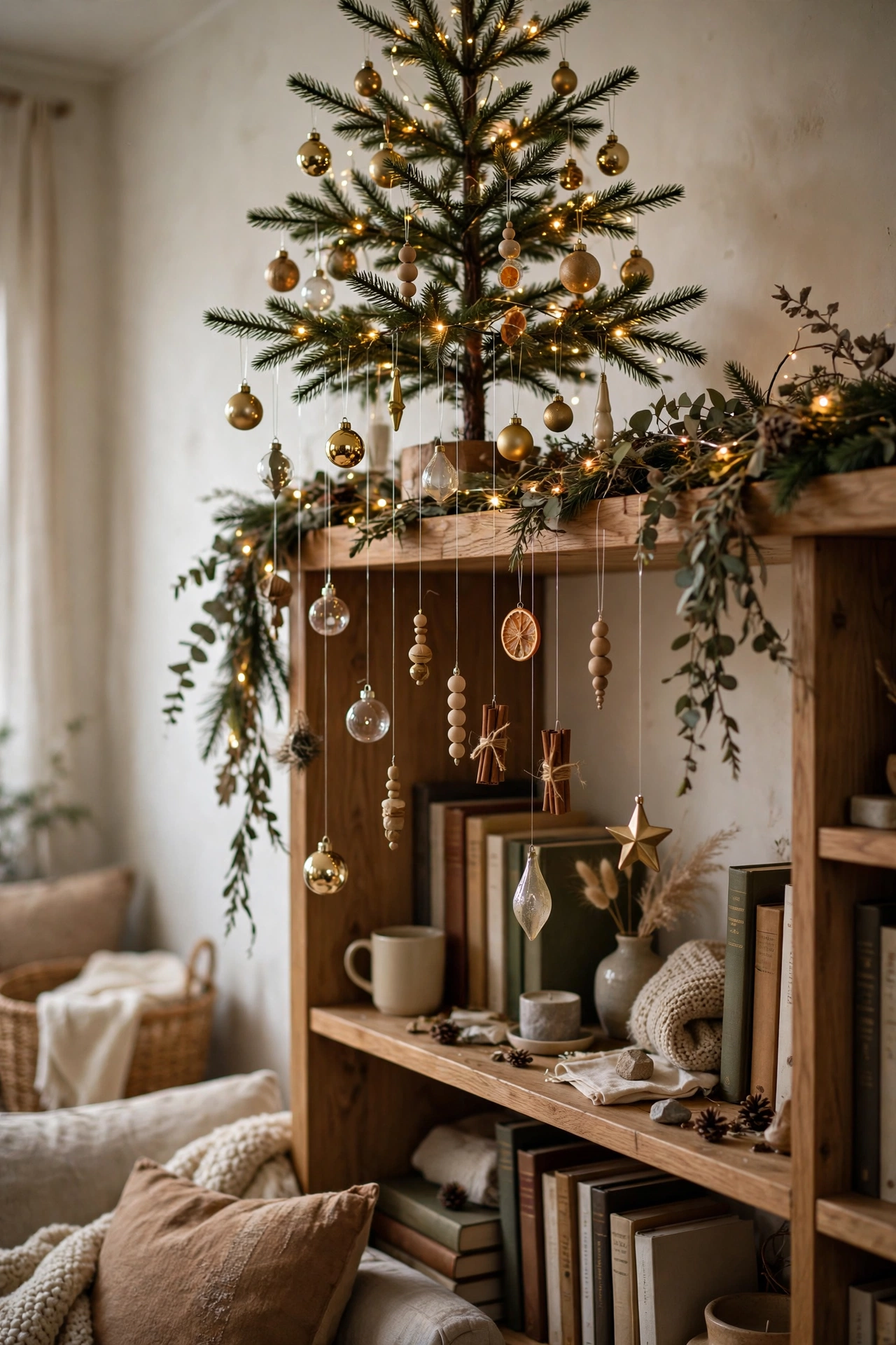 Shelf-edge Christmas tree with hanging ornaments in a small home