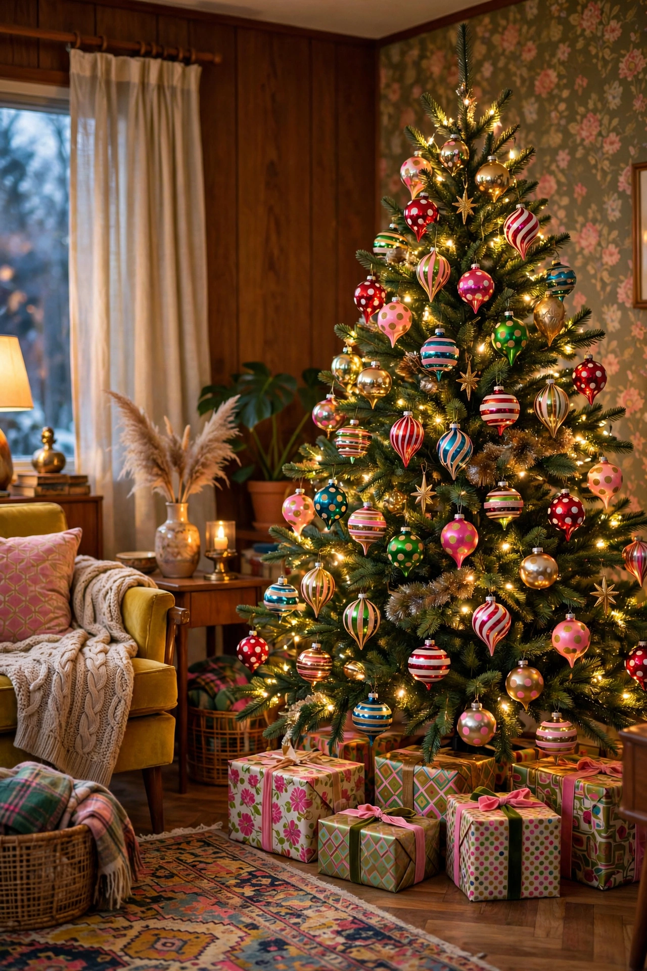 Shiny Brite style ornaments on a vintage Christmas tree