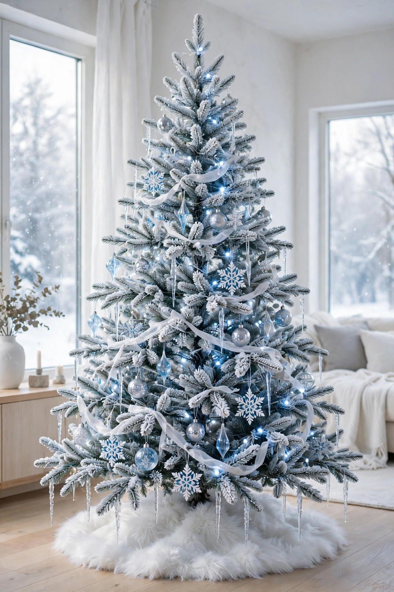 Silver and ice blue frozen Christmas tree with sparkling ornaments