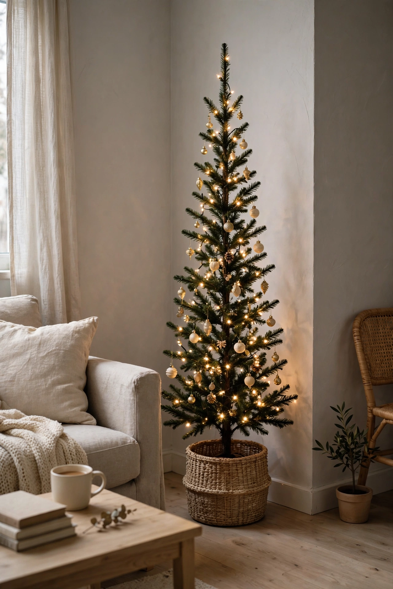 Slim pencil Christmas tree in a small apartment corner with warm lights