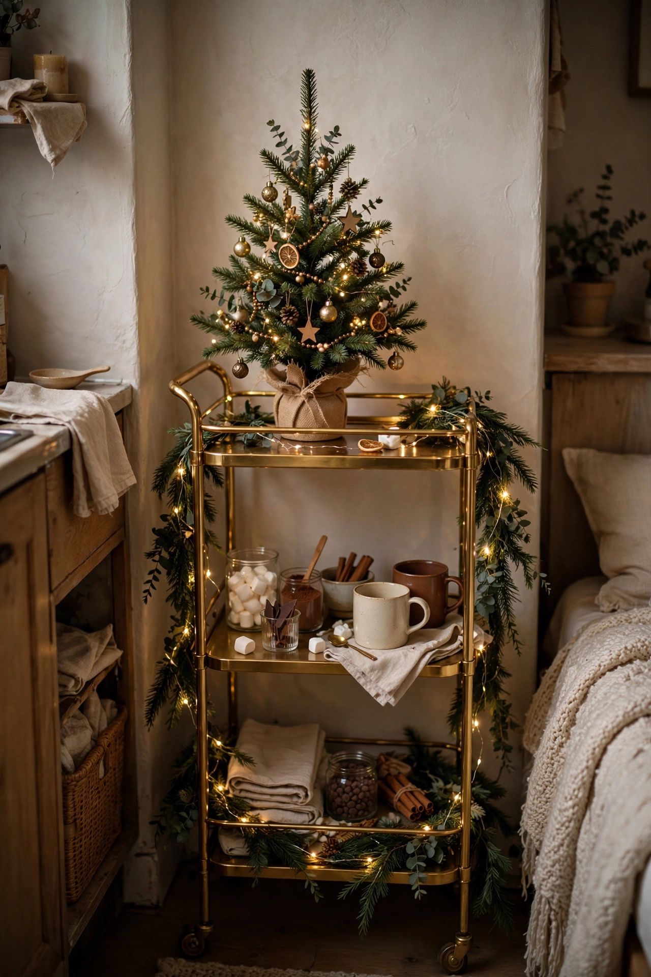 Small Christmas tree on a bar cart in a tiny space