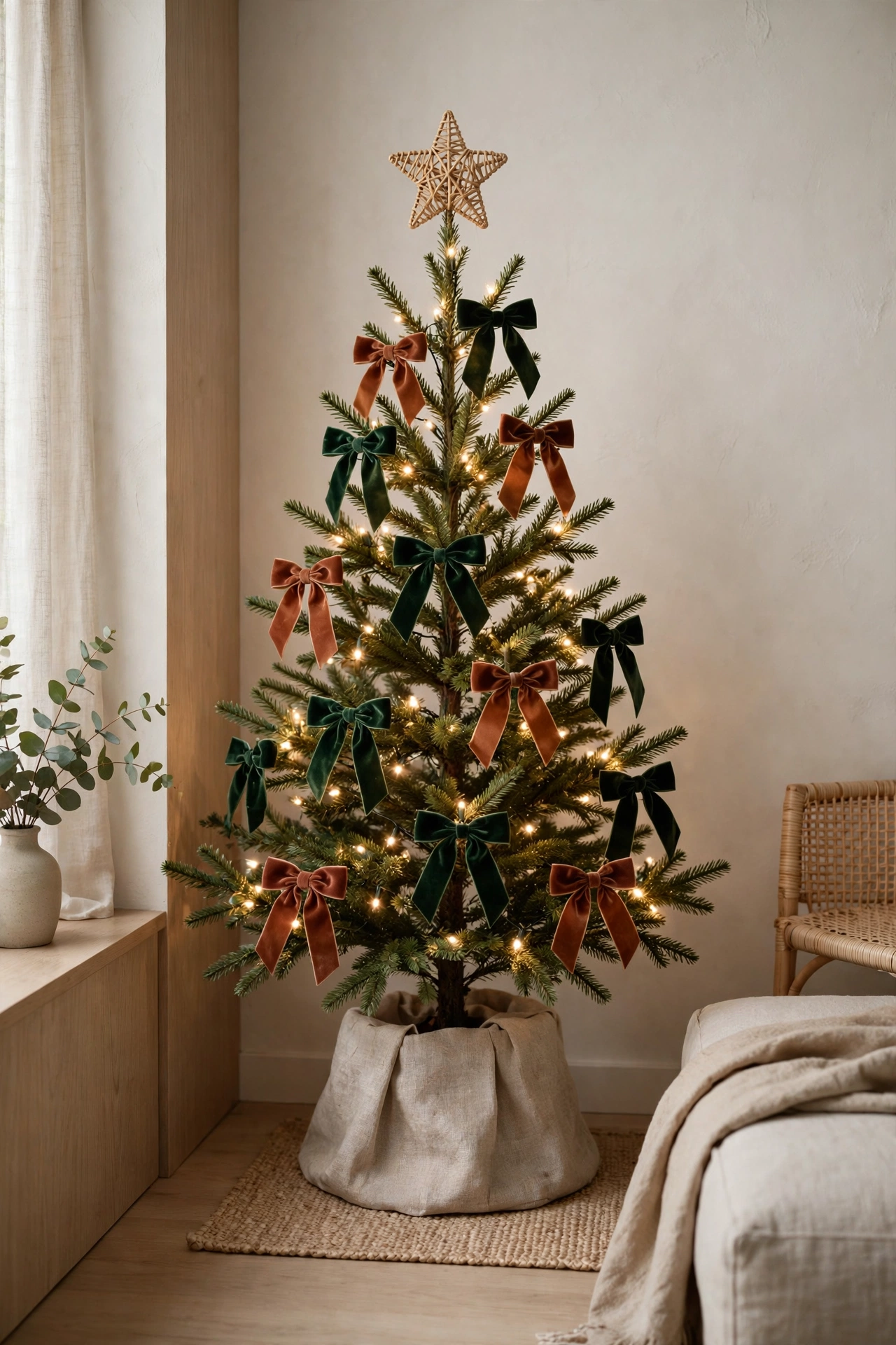 Small Christmas tree with only lights and bows in a tiny space