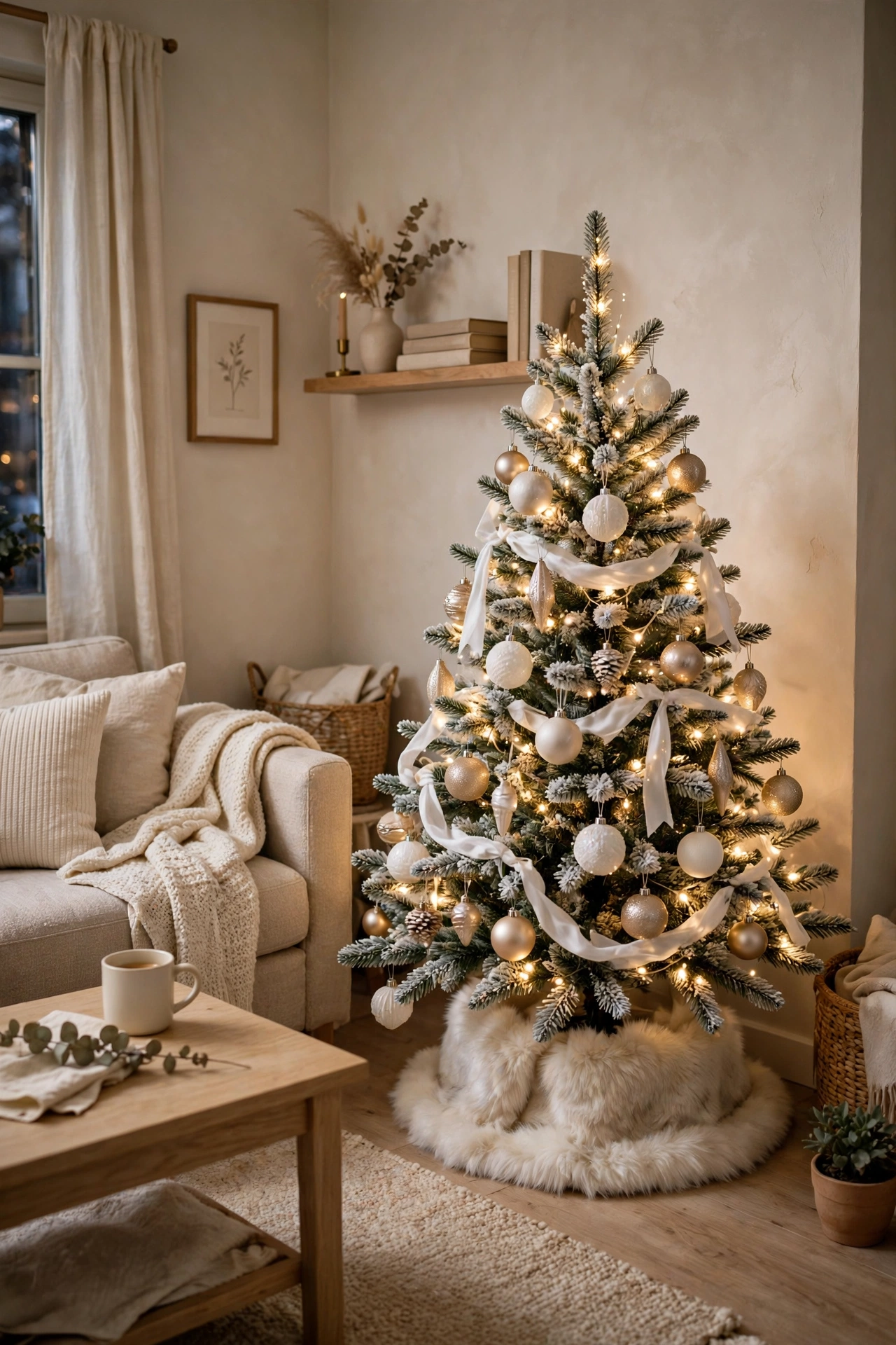 Small flocked Christmas tree in a tiny living room