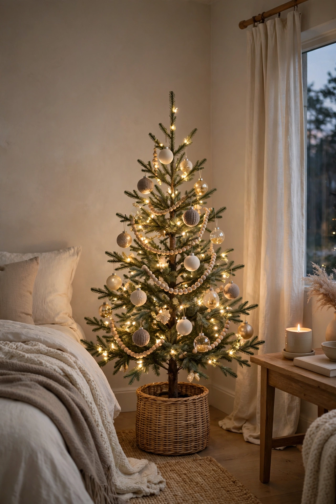 Small neutral Christmas tree for bedroom corner