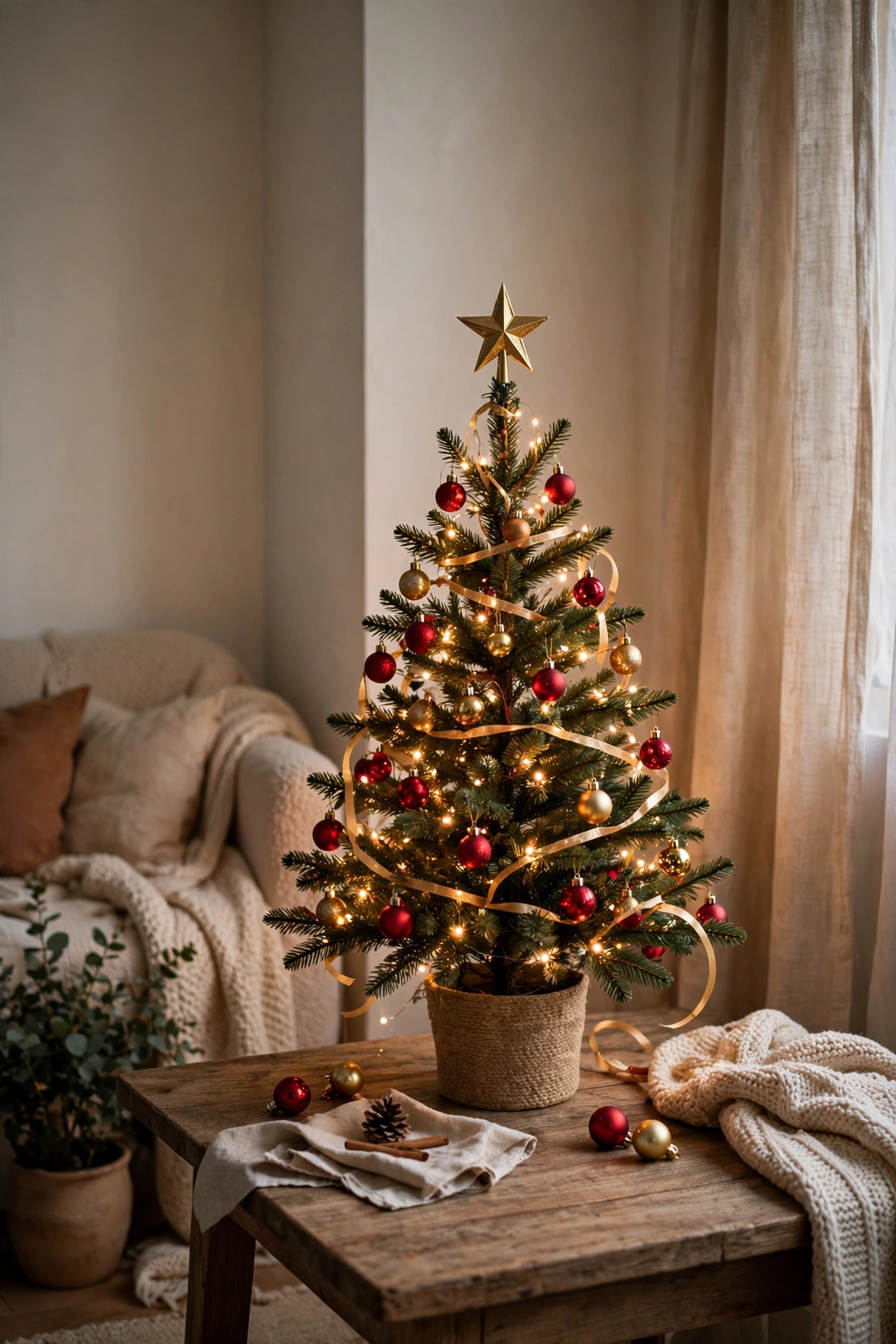 Small red and gold Christmas tree for tiny spaces