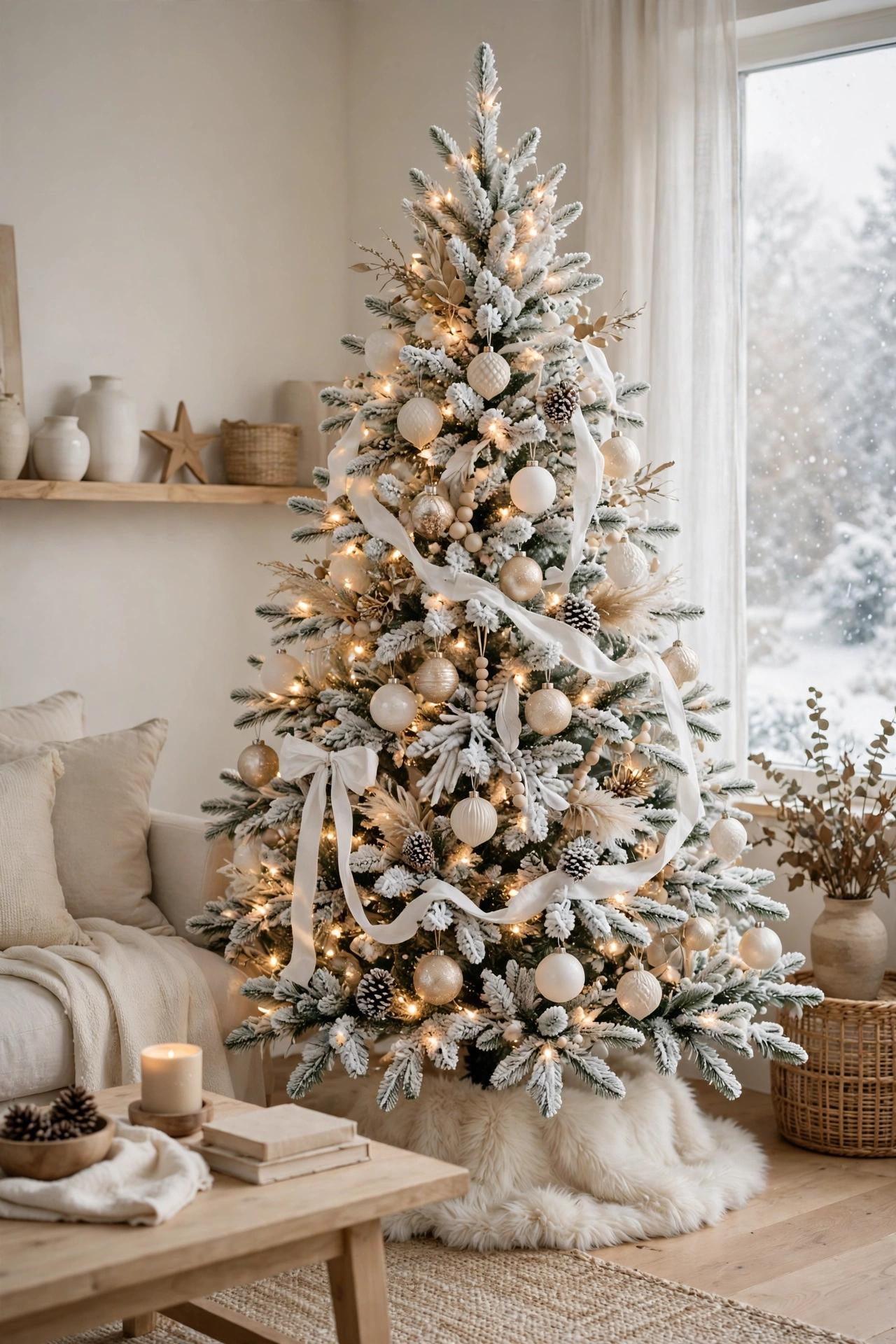 Snowy white flocked Christmas tree with warm lights