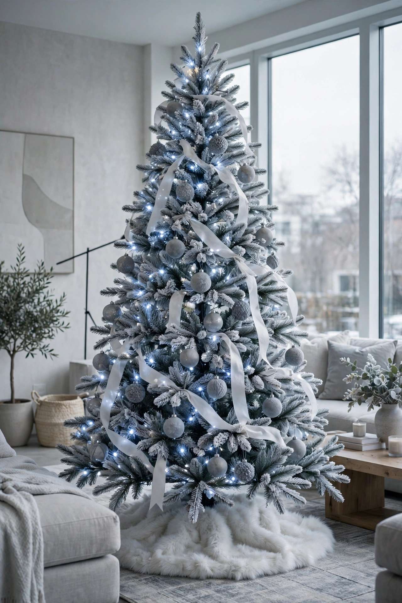 Stone gray Christmas tree with frosted branches