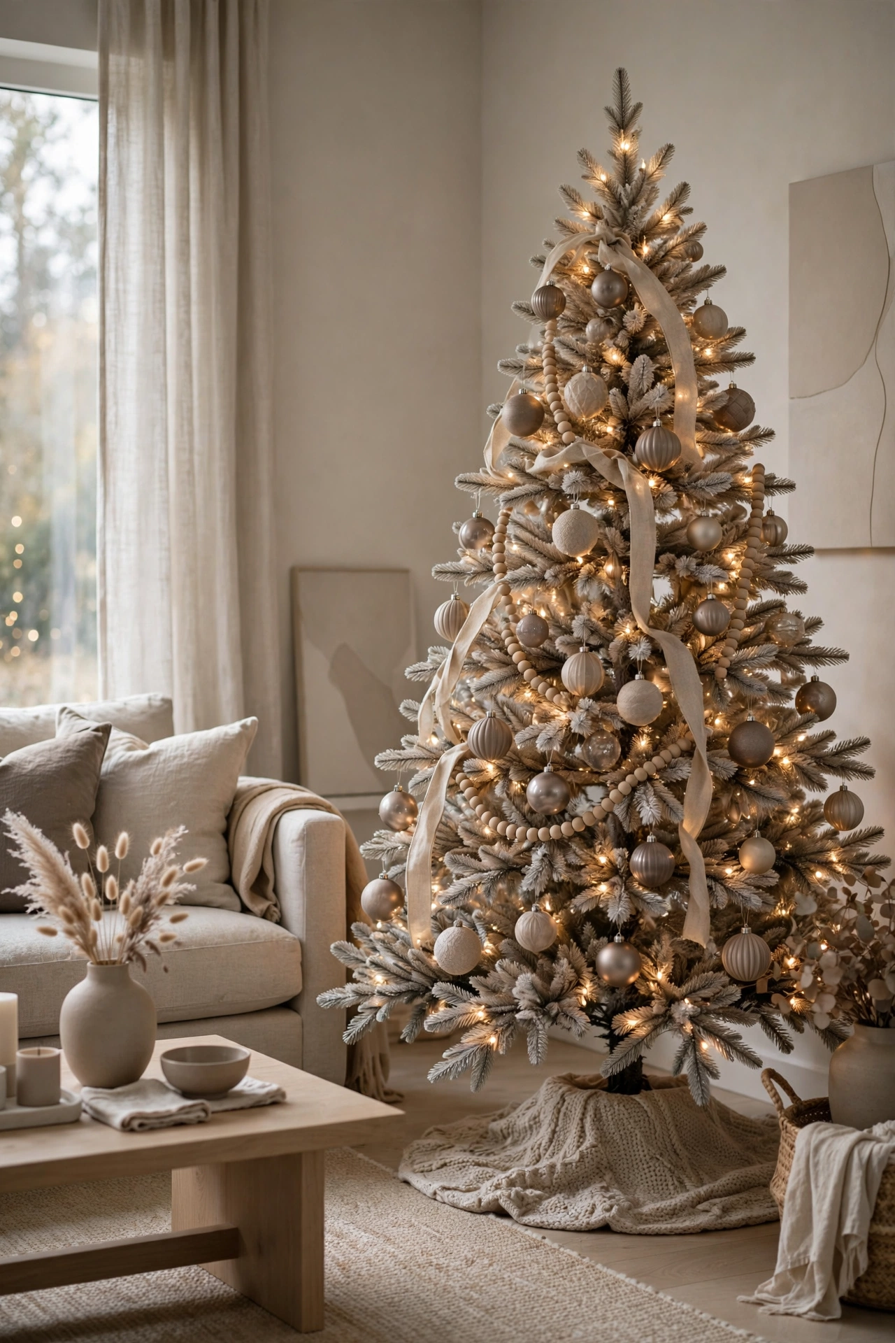 Taupe and greige Christmas tree with soft elegant ornaments