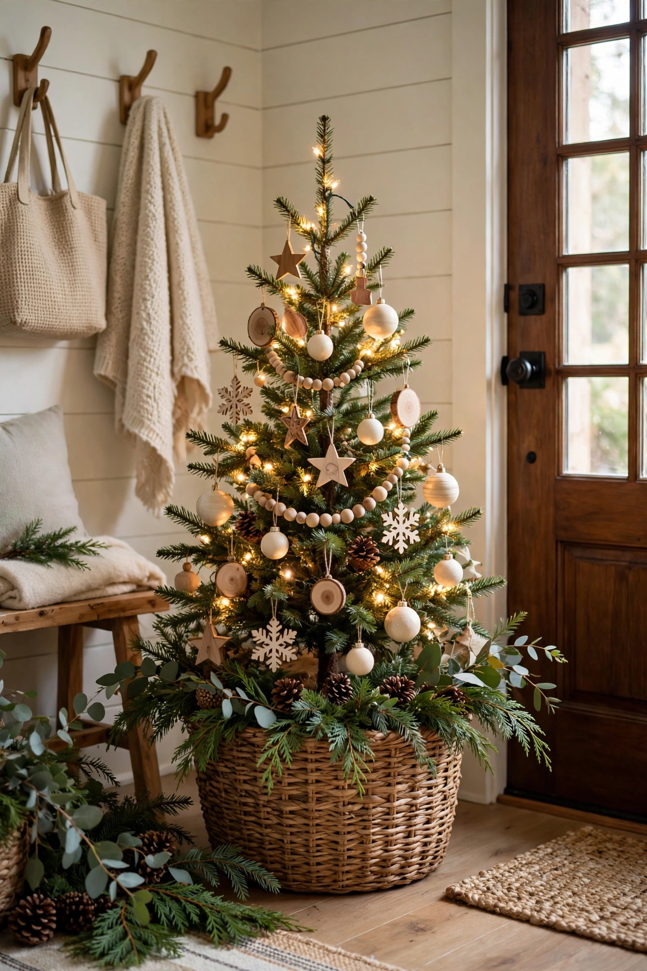 Tiny Christmas tree in a woven basket by the door