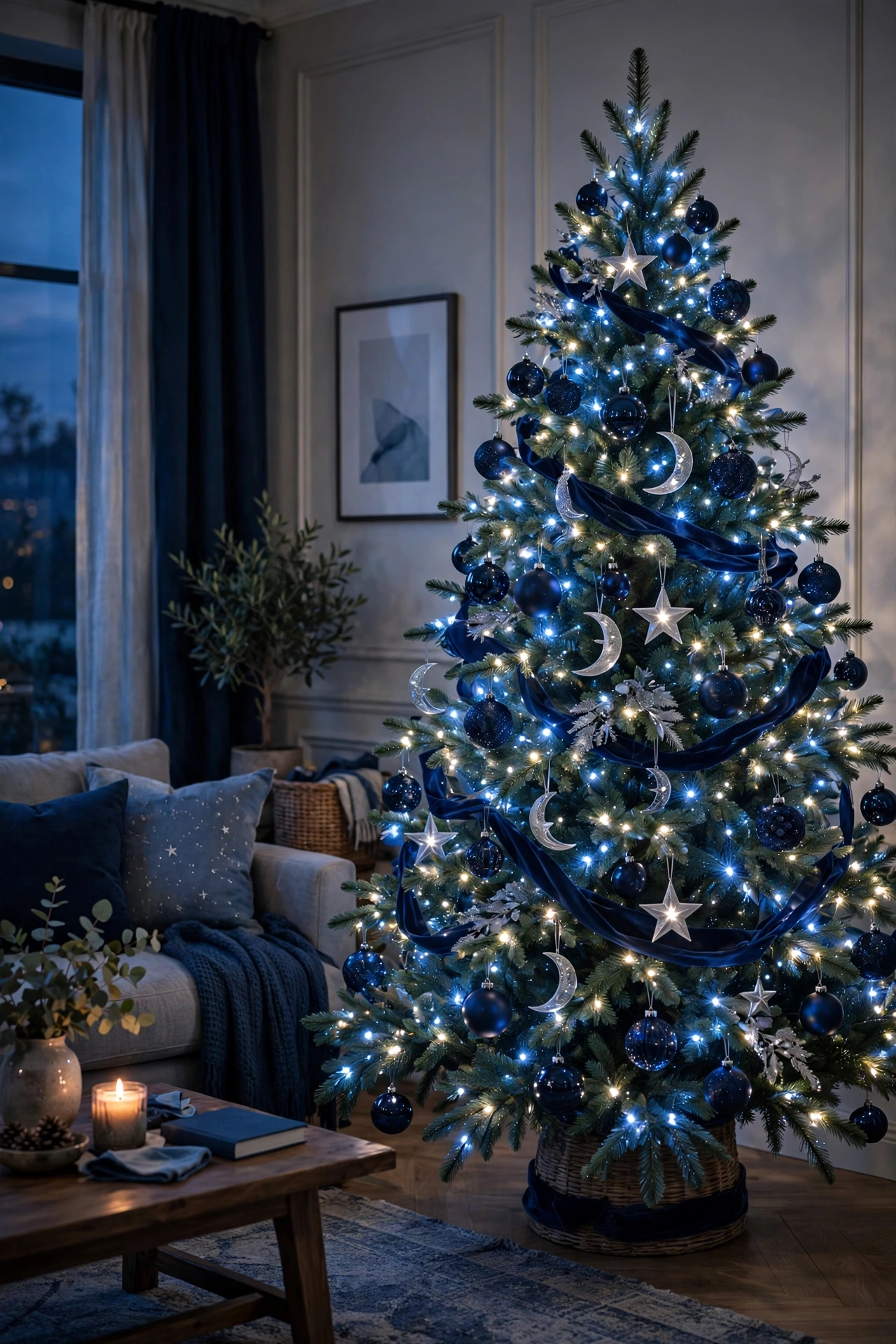 Twilight blue starlit Christmas tree with navy and silver ornaments