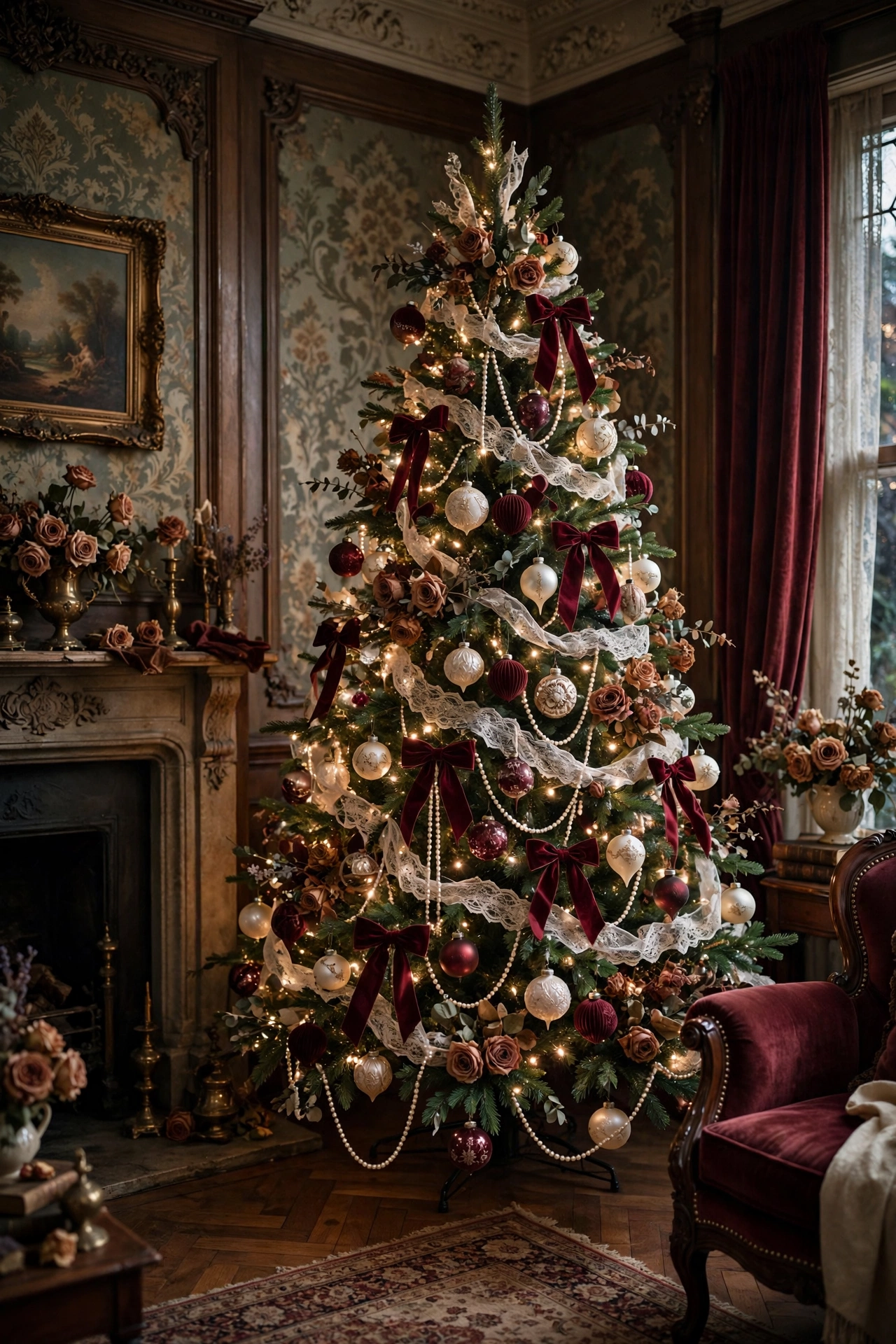 Victorian lace and velvet vintage Christmas tree