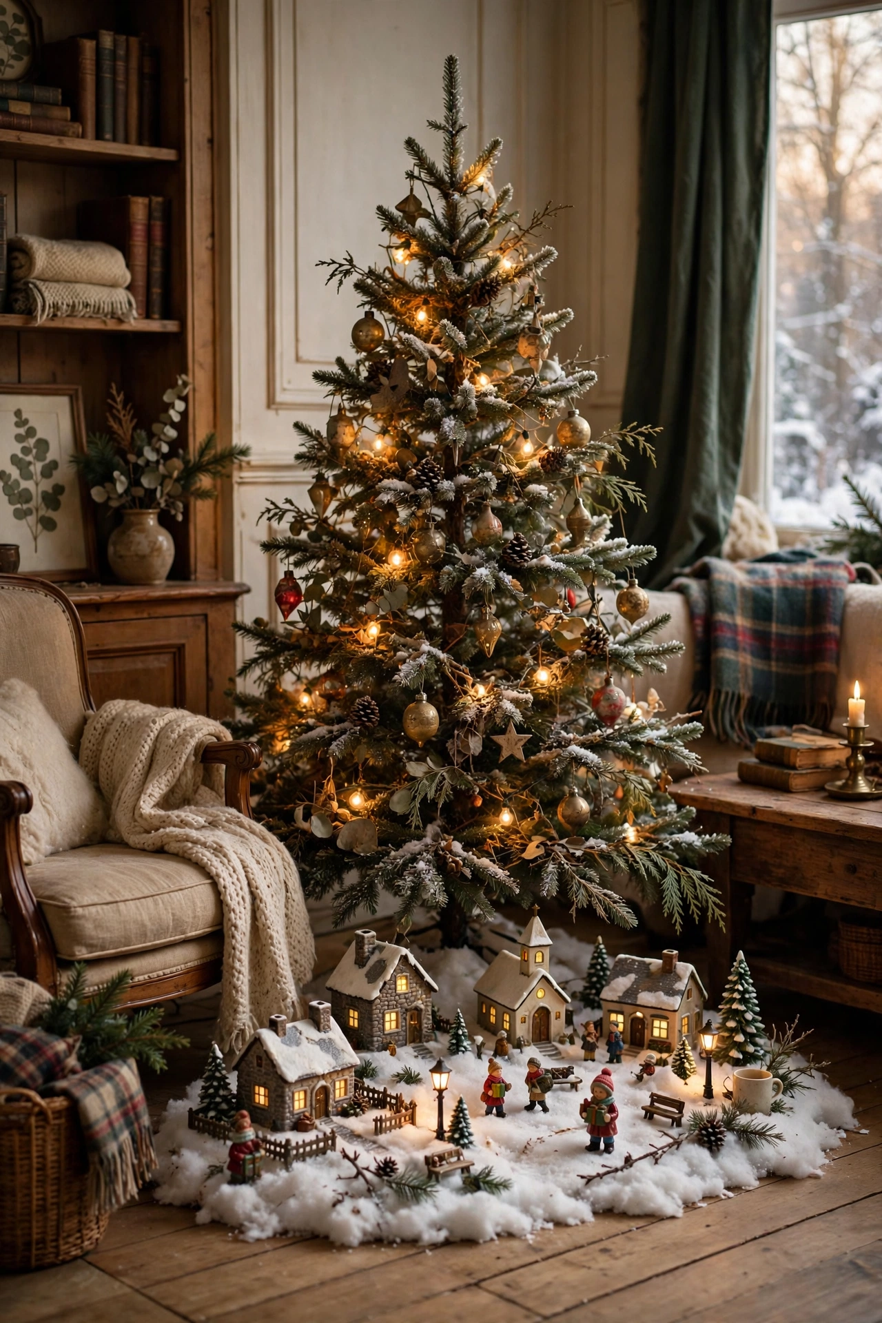 Vintage Christmas village around the tree base