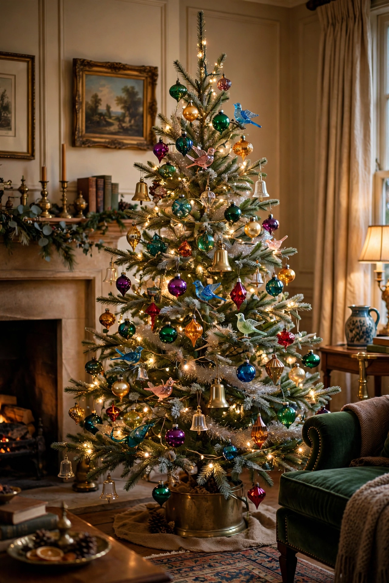 Vintage Christmas tree with glass ornaments and silver tinsel