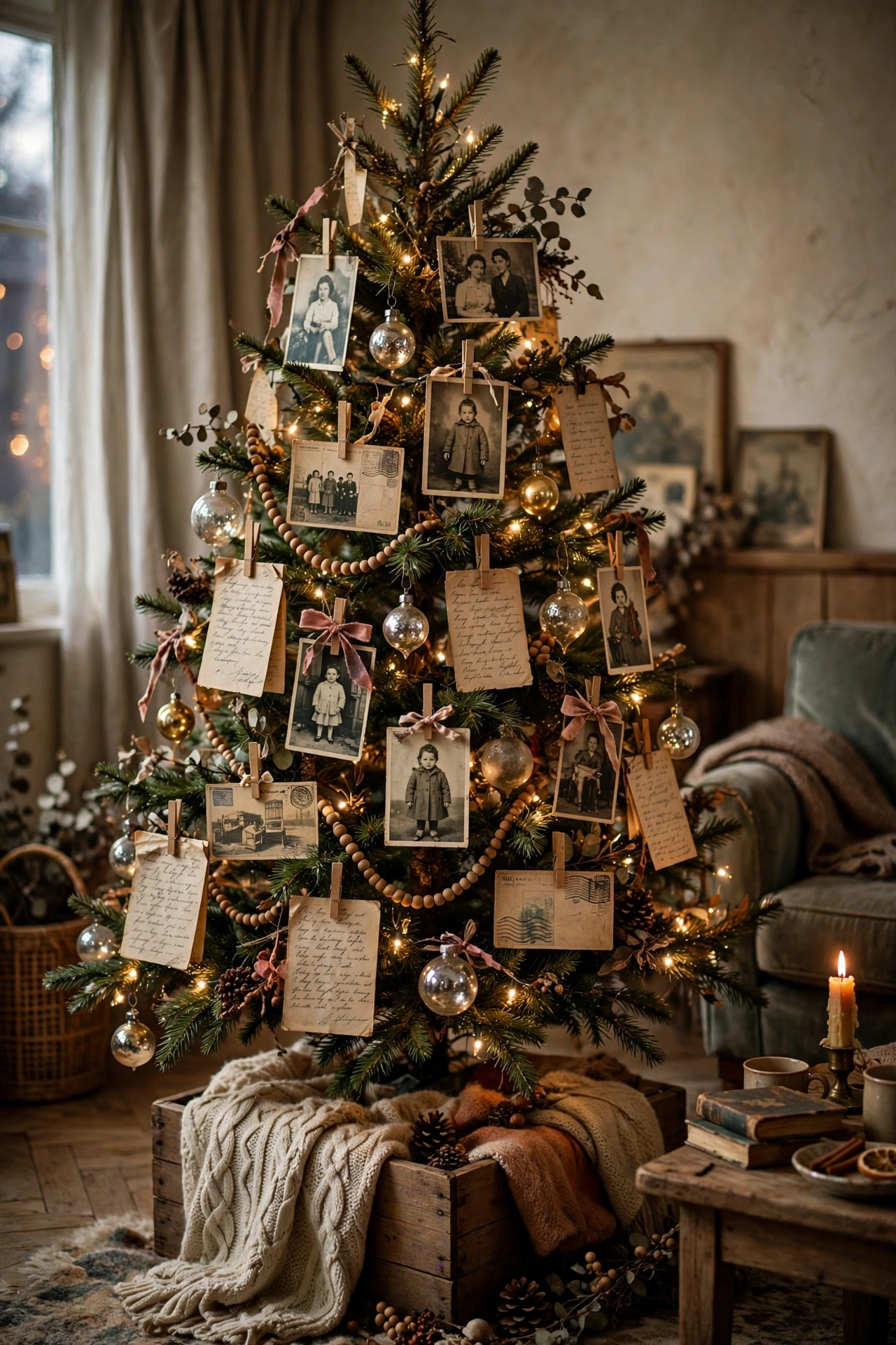 Vintage postcards and family photos on a Christmas tree