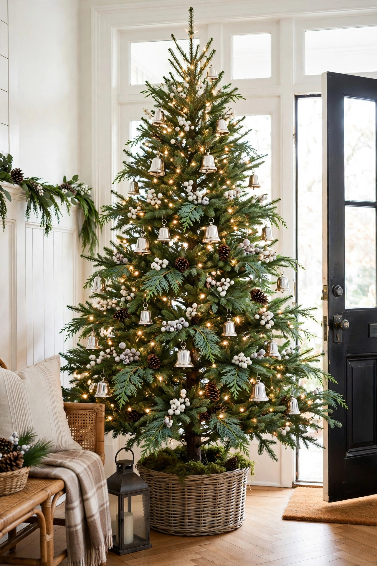 Vintage silver bells and greenery Christmas tree