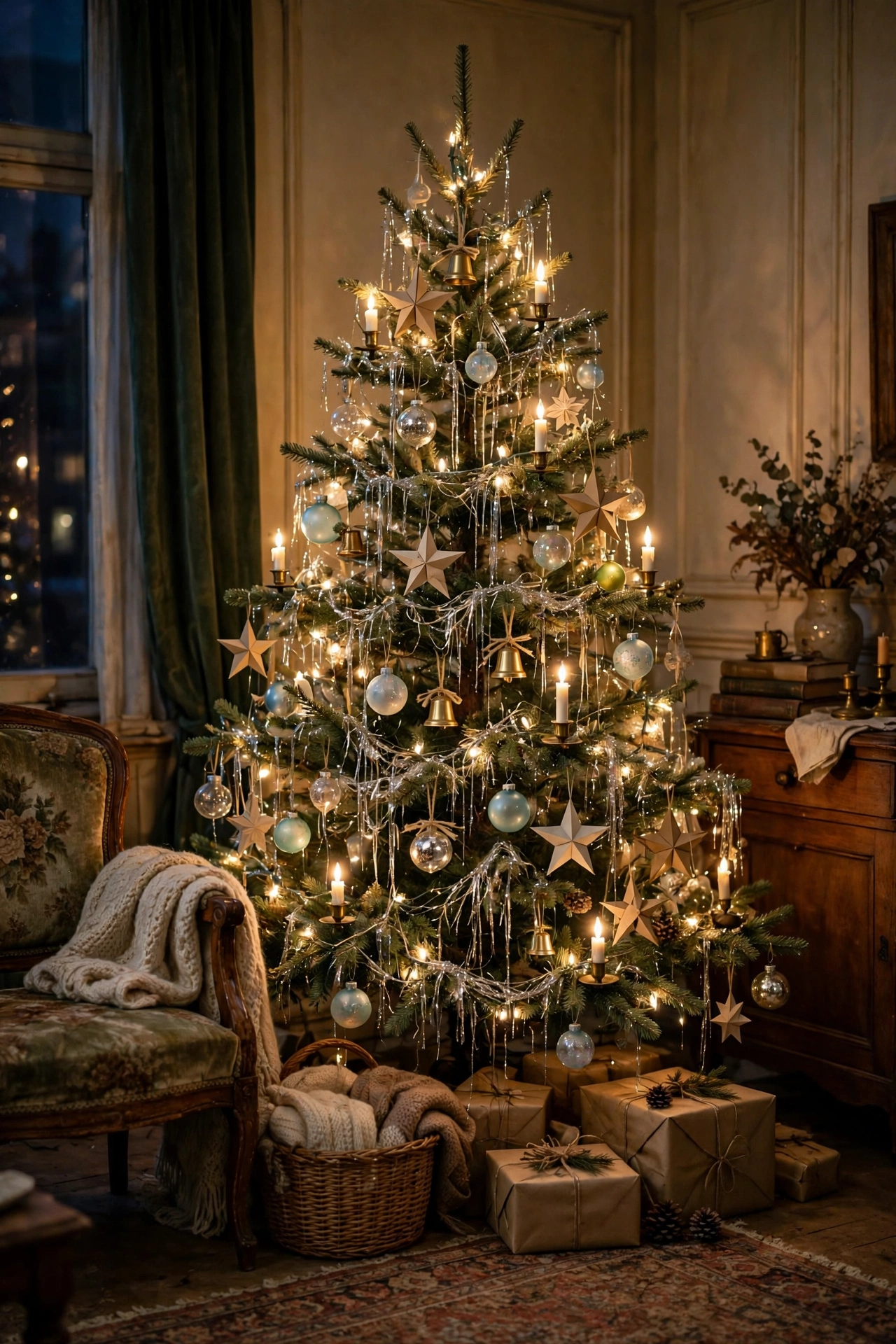 Vintage Christmas tree with tinsel and warm candlelight glow