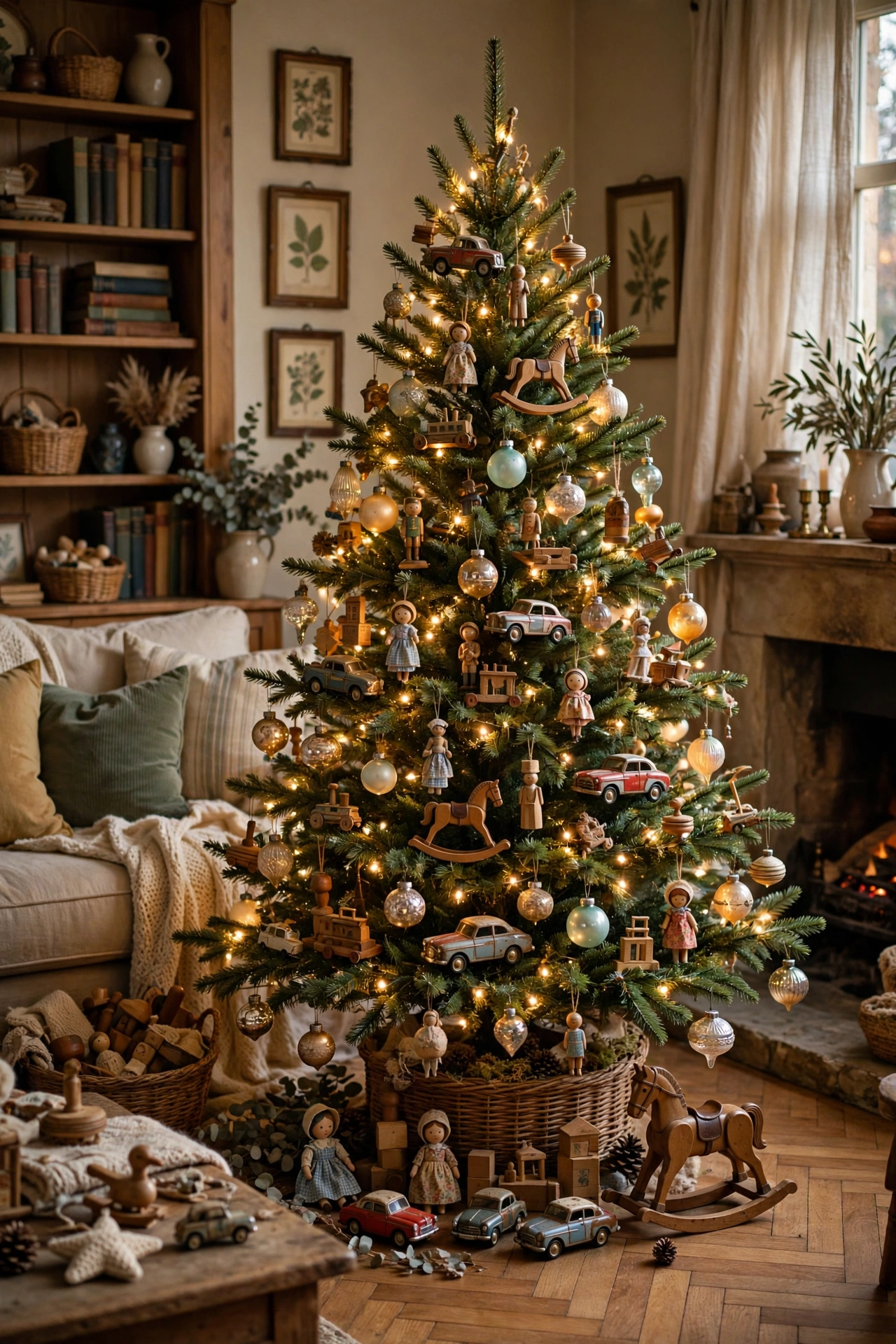 Vintage toy tree with old-fashioned toys