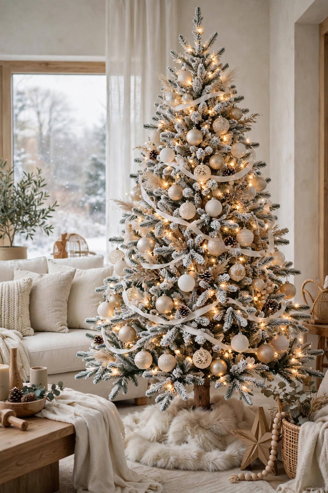 Warm white flocked Christmas tree with soft lights