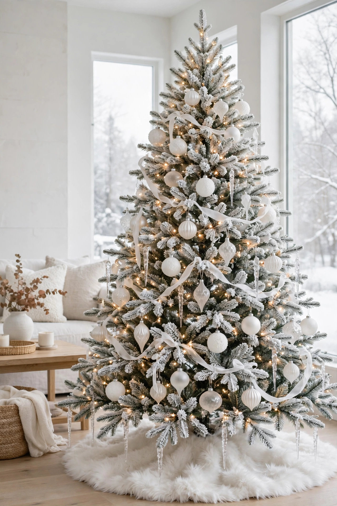 White on white winter Christmas tree with soft ornaments