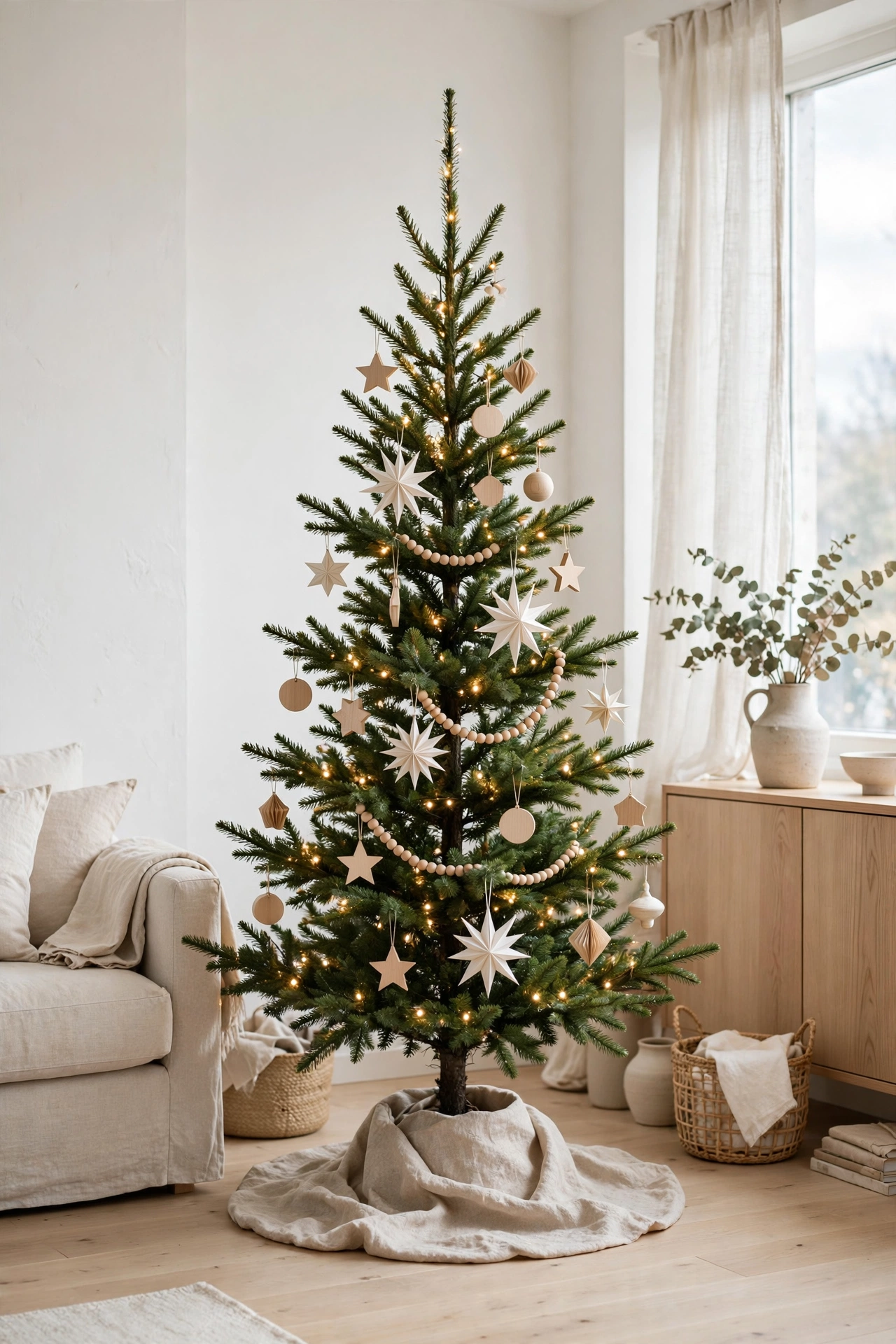 White and wood Scandinavian Christmas tree with simple ornaments