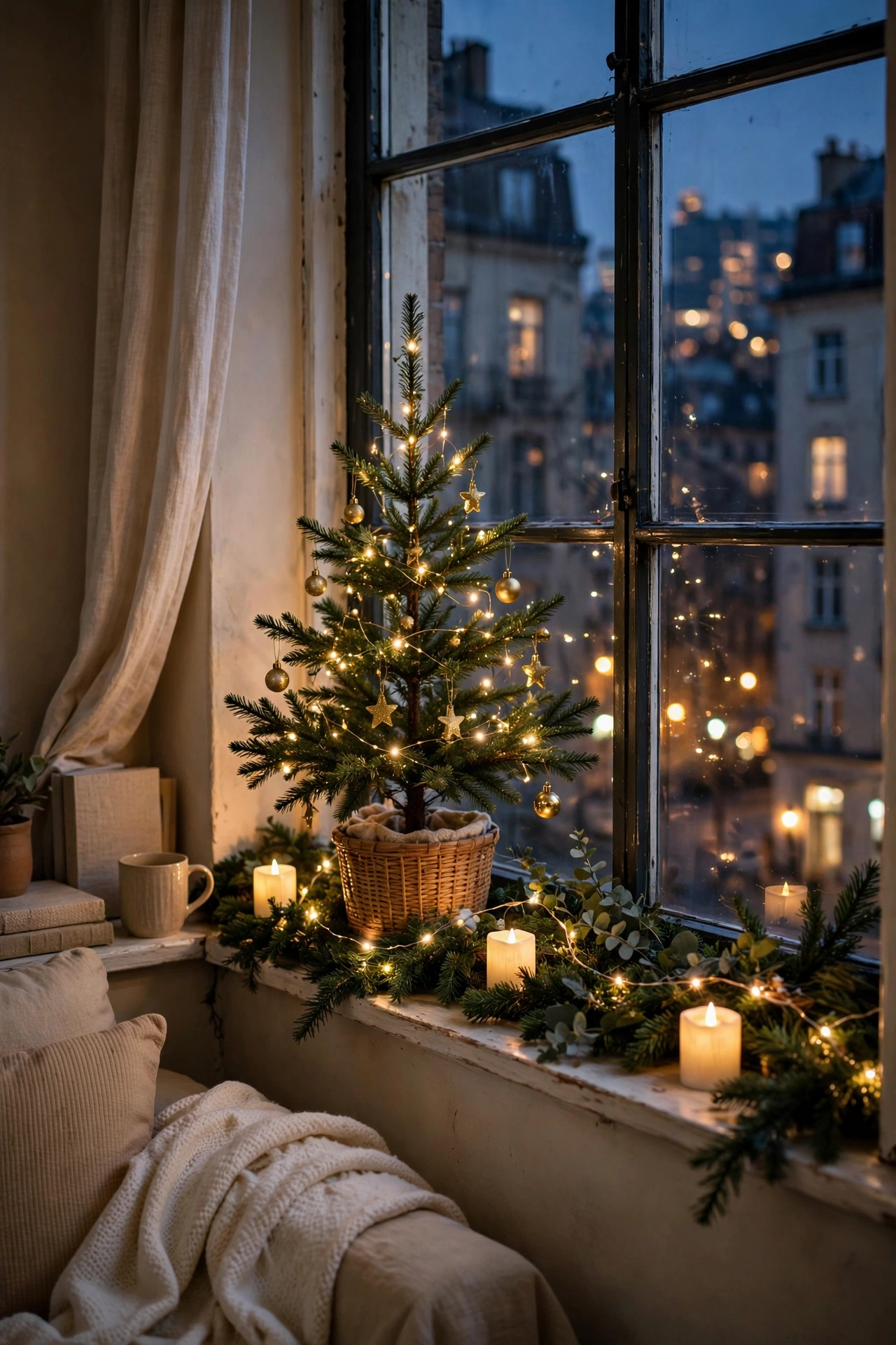 Windowsill Christmas tree with lights in a small apartment