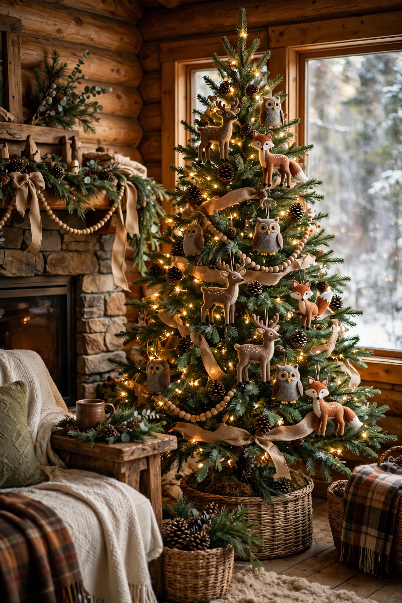 Woodland Christmas tree with animal ornaments and pinecones
