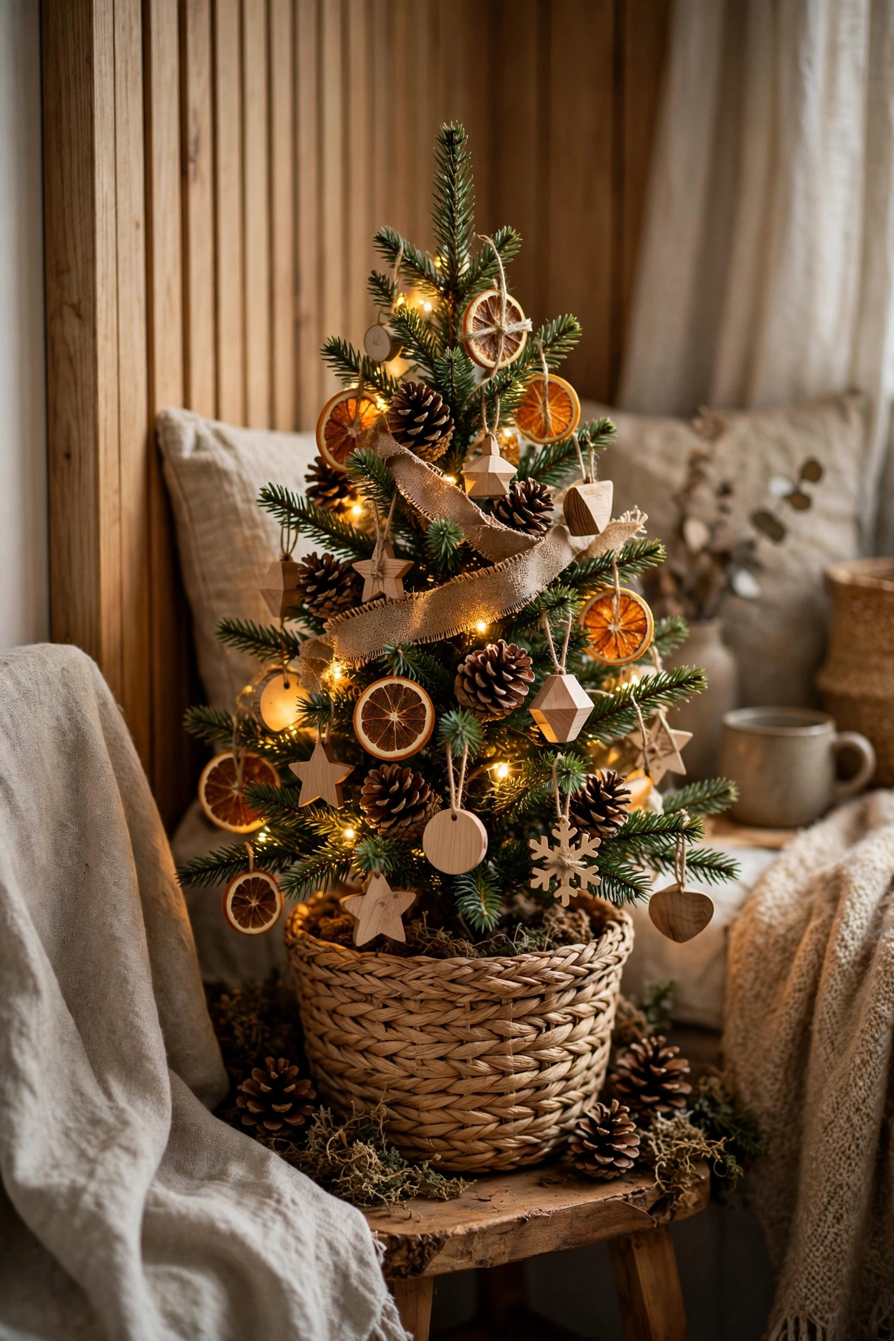Woodland mini Christmas tree with pinecones in a tiny space